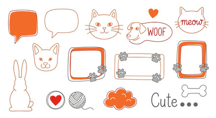 Cheery hand-drawn doodle collection featuring cute pet animal faces, expressive speech bubbles, and charming decorative frames perfect for playful designs and happy messages
