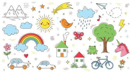 Whimsical Doodle Clipart Set with Nature and Fantasy Elements