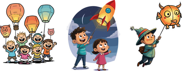 Joyful kids celebrating lantern festival, children holding colorful lanterns, happy night sky celebration art, fun festive illustration