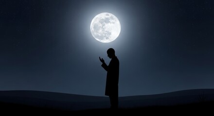Person praying under a full moon during Laylat al Bara'at in a quiet landscape