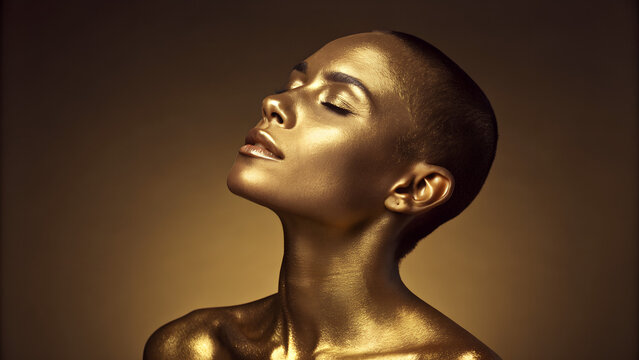 Fashion art golden skin woman portrait closeup. Gold, jewelry, accessories. Model girl with golden glamour shiny makeup