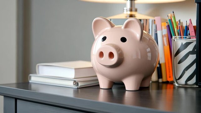 A charming piggy bank is placed on a desk, alongside bright pencils and books, creating a cheerful atmosphere for saving money