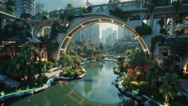 Futuristic Cityscape Green Urban Oasis, Sustainable Architecture, Future Living
