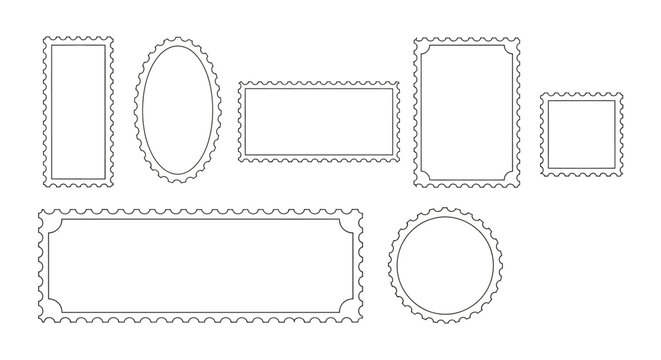 Vector collection of blank postage stamp outlines and decorative frames featuring various shapes and serrated edges for graphic design projects and creative branding