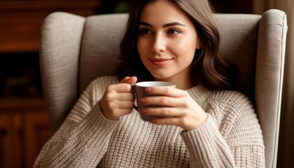 Young woman enjoying a warm drink in a cozy sweater, sitting contentedly in an armchair at home, embracing peaceful relaxation, comfort, and a moment of tranquility winter