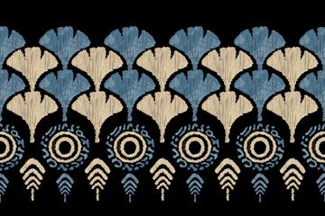 Ethnic ikat border pattern with stylized floral and geometric motifs in beige and blue on a black background. African boho aztec Indian seamless pattern. ikat ethnic oriental traditional. 