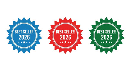 A versatile set of Best Seller 2026 award badges in red, blue, and green. Starburst seal icons for celebrating commercial success and achievements