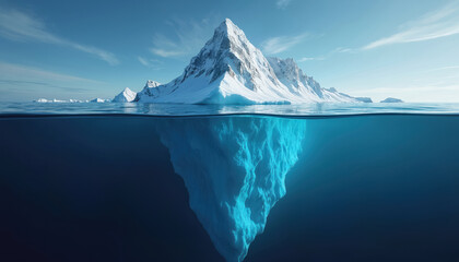 Huge iceberg rises from cold ocean water under clear blue sky. Vast ice mass lies deep beneath surface. Only small white snow mountain peak shows above. It reveals potential or danger, much unseen.