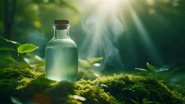 Enchanted forest potion with mystical steam, bathed in ethereal morning light and surrounded by vibrant nature