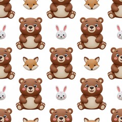 Cute vector cartoon seamless pattern, yellow bear cubs with paws forward and smiling faces, cream and white accents, children&rsquo;s textile and paper, pure white background for versatile cozy design