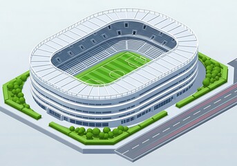 Isometric view of a modern sports stadium with a green soccer field