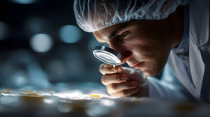Scientist Inspecting Pharmaceutical Pills with a Magnifying Glass