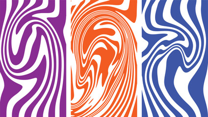 Abstract triptych of swirling purple orange and blue stripes