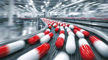 Red and White Pills on a Fast-Moving Pharmaceutical Conveyor Belt