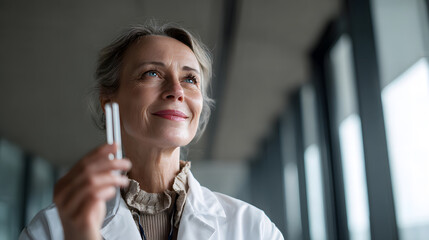 Hopeful Senior Female Scientist Holding a Test Tube