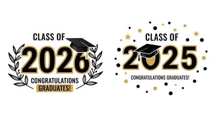 Celebratory vector logo set for the graduating class of 2025 and 2026 featuring mortarboard caps, laurel wreaths, and festive stars