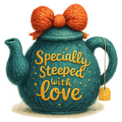 Teal fuzzy teapot with orange bow and 'Specially Steeped with Love' lettering