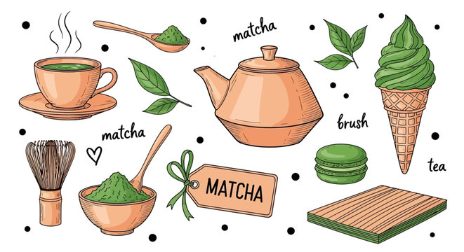 Hand-drawn matcha set illustration, featuring tea, ice cream, and ingredients for a traditional Japanese beverage