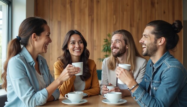 Diverse group of four friends laughs heartily enjoying coffee in bright, modern office break room. Share jokes, conversation during relaxed work meeting. Casual team bonding happens over warm drinks.