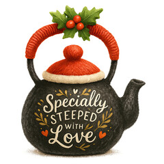 Black teapot with red handle, festive Santa hat, holly, and hand-lettered "Love" message