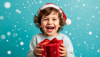 Excited child receiving christmas gift, wearing santa hat with big happy smile, celebrating winter holidays and season's joy against a blue snowy background kids sale copy space