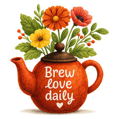Red clay teapot with bright flowers bursting from top and words Brew love daily