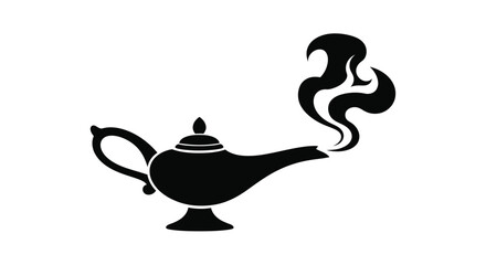 A black silhouette of a magic lamp with swirling smoke rising © MALA