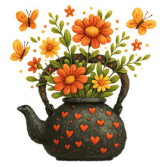 Dark teapot filled with orange flowers, green leaves, and orange butterflies