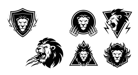 Six lion head designs in black and white, featuring various shapes like shield, circle, triangle, and abstract forms.