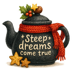 Dark teapot with red knitted scarf, holly, and star decorations featuring phrase Steep dreams come true