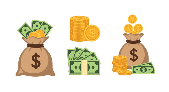 Illustrative depiction of money stacks coins and bags for financial concepts