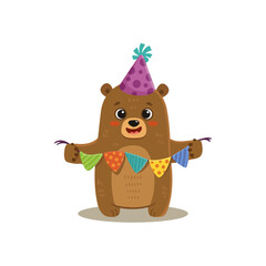 Cute cartoon bear with birthday decoration. Teddy bear in flat style for greeting card, book, activity page. Happy birthday postcard. Vector illustration