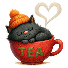 Cozy black cat wearing orange knit hat naps inside red teacup labeled TEA, with steam forming heart
