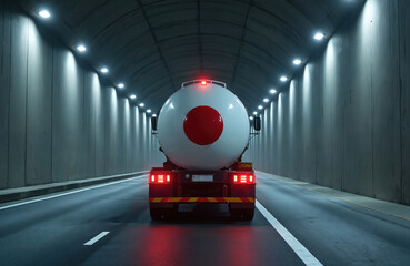 Fototapeta premium Tanker truck with red circle drives through illuminated tunnel at night. Vehicle transports dangerous goods on a dark road. Heavy cargo moves through underground passage.