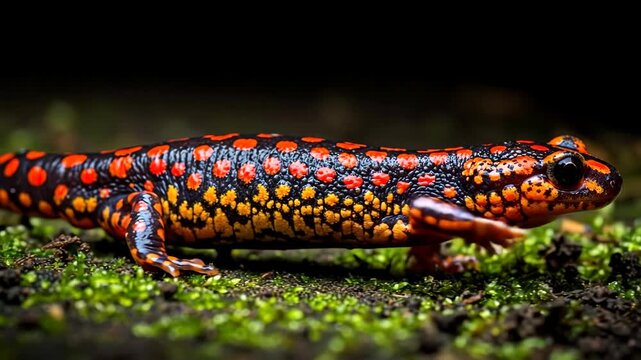 Vibrant salamander exploring lush forest floor in slow motion wildlife scene