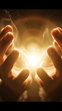 Warm hands holding glowing light, spiritual energy and comforting warmth, magical glow