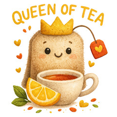 Whimsical teacup character wearing crown, sipping tea with lemon