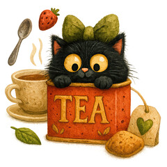 Black cat peeks from red TEA box beside steaming cup, strawberry, cookie, and heart-tag