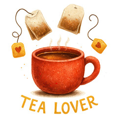 Red ceramic cup of hot tea with two teabags and "Tea Lover" text