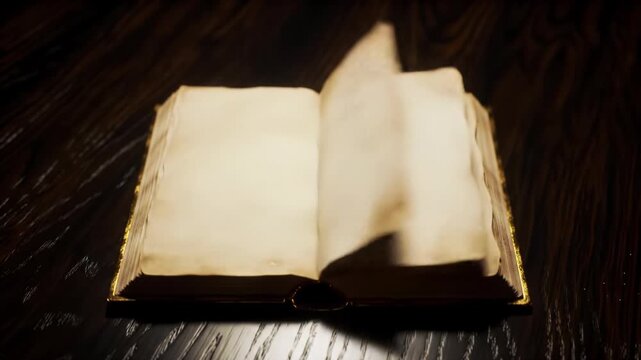 An ornate antique book with burnished gold and black filigree patterns rests on polished dark wood, magically opening, pages flipping blank parchment in dramatic chiaroscuro light, ancient mystery