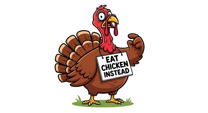 Scared turkey holding a sign that says eat chicken instead isolated on white background