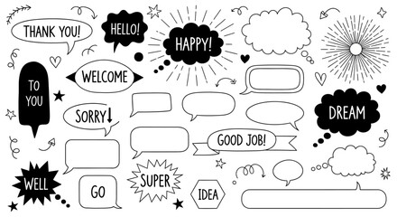Hand-drawn doodle speech bubble collection with comic text elements for messages, greetings, and happy announcements for the year 2026