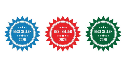 Best Seller Badges for 2026 Set of Three Colorful Vector Icons for Product Promotion and Sales