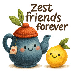 Adorable blue teapot with orange lid beside cheerful yellow lemon, both with leaves, under "Zest friends forever" text