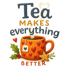Orange mug with red heart patterns and steamy heart-shaped vapor, festive holly decor and phrase "Tea makes everything better"