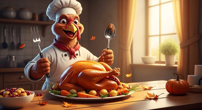 A cartoon turkey chef presenting a roasted turkey on a platter in a kitchen