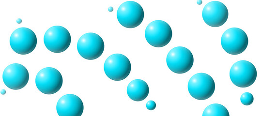 A collection of vibrant blue spheres of varying sizes is scattered across a white background