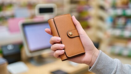 Close-up of a female hand holding a wallet at a supermarket checkout. Soft natural light and blurred background emphasize shopping and payment process