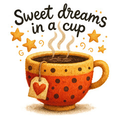 Whimsical of steaming orange polka-dot mug with heart tag and surrounding stars, captioned "Sweet dreams in cup"