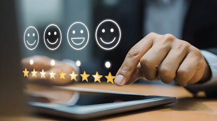 Online customer satisfaction ratings for product and service experience. Feedback survey concept for service improvement, business performance evaluation and reputation of Company.
